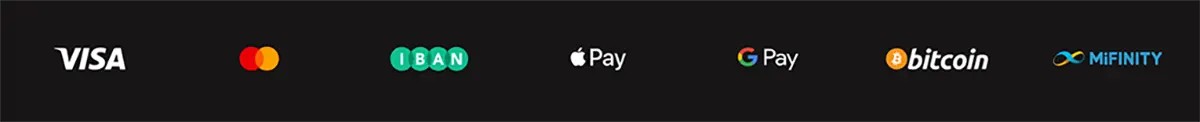 Payment methods banner displaying Visa, Mastercard, IBAN, Apple Pay, Google Pay, Bitcoin, and MiFinity logos on a dark background.