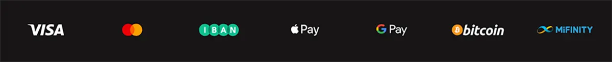 Payment methods banner displaying Visa, Mastercard, IBAN, Apple Pay, Google Pay, Bitcoin, and MiFinity logos on a dark background.
