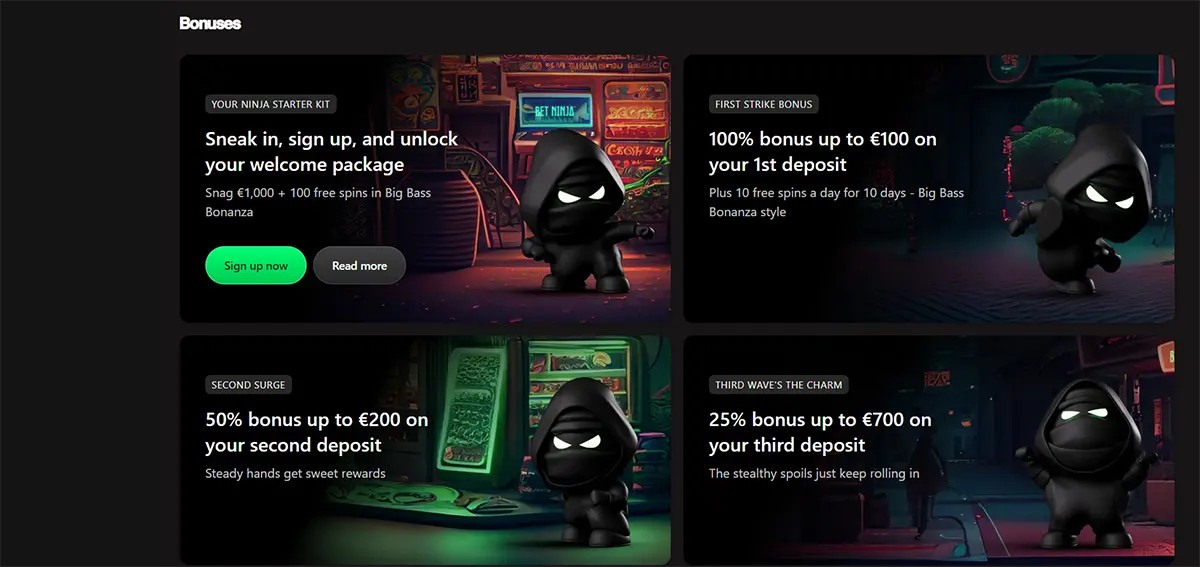 Casino bonuses page featuring four dark promotional cards with a ninja mascot, highlighting a welcome package, first deposit bonus, second deposit bonus, and third deposit bonus.