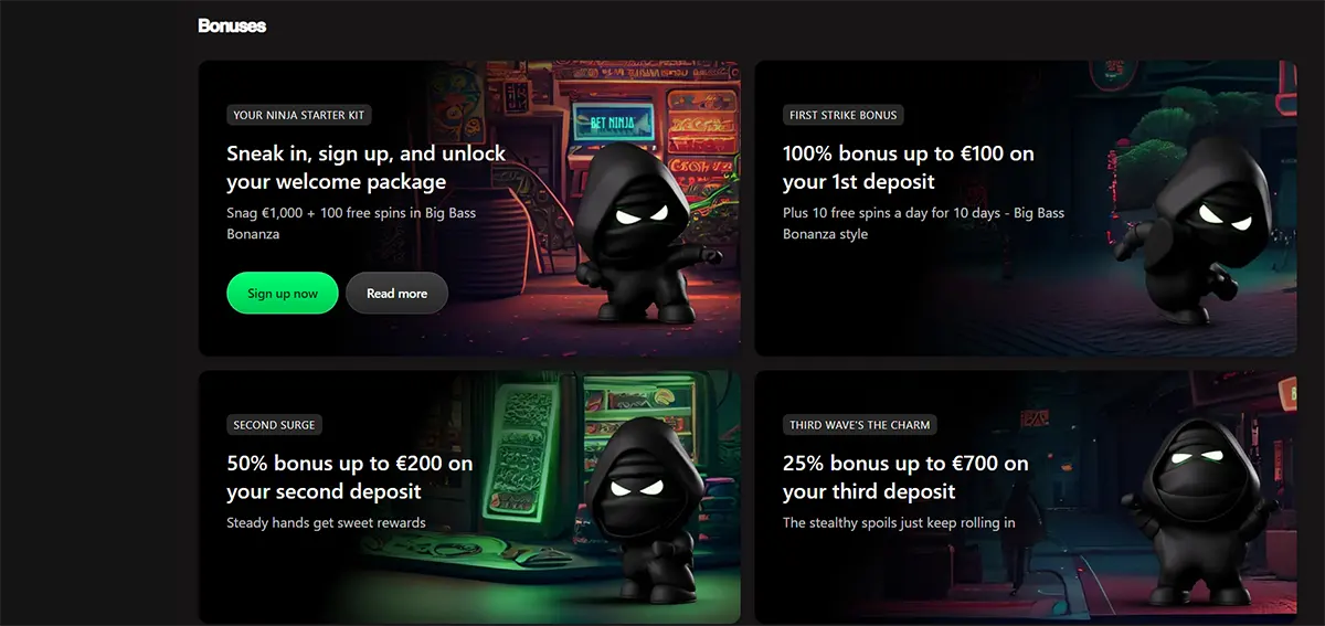 Casino bonuses page featuring four dark promotional cards with a ninja mascot, highlighting a welcome package, first deposit bonus, second deposit bonus, and third deposit bonus.