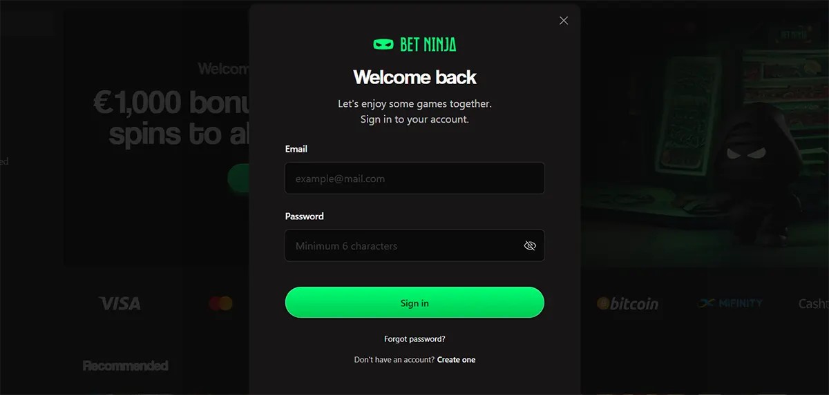 Bet Ninja login popup with email and password fields, a bright green sign-in button, and a dark blurred casino background.