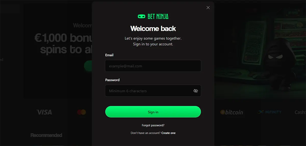 Bet Ninja login popup with email and password fields, a bright green sign-in button, and a dark blurred casino background.